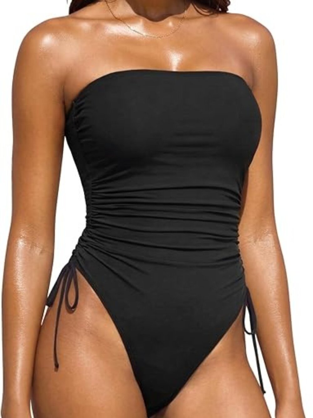 Yonique Black Strapless One Piece Swimsuit Tummy Control Bandeau Cheeky XS